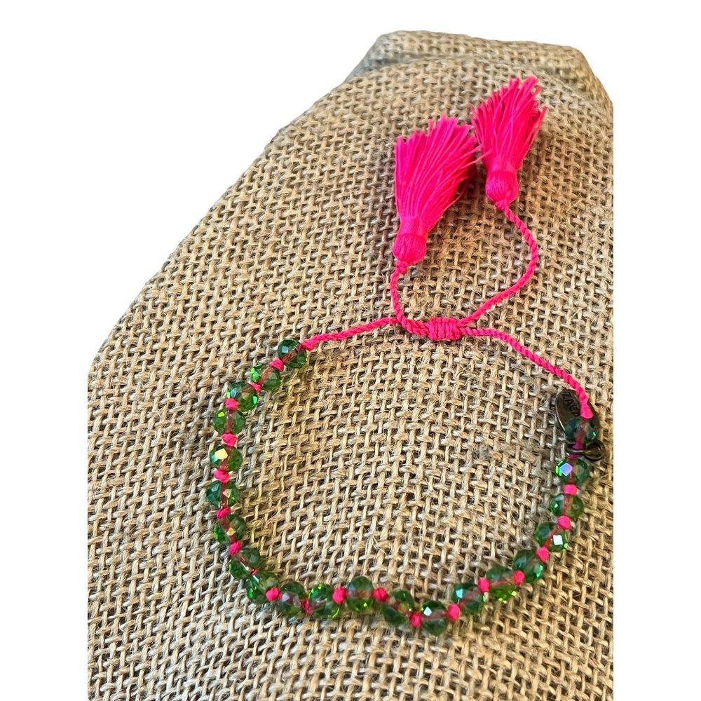 Zacasha drawstring bracelet Hot Pink Green Glass Beads NWOT